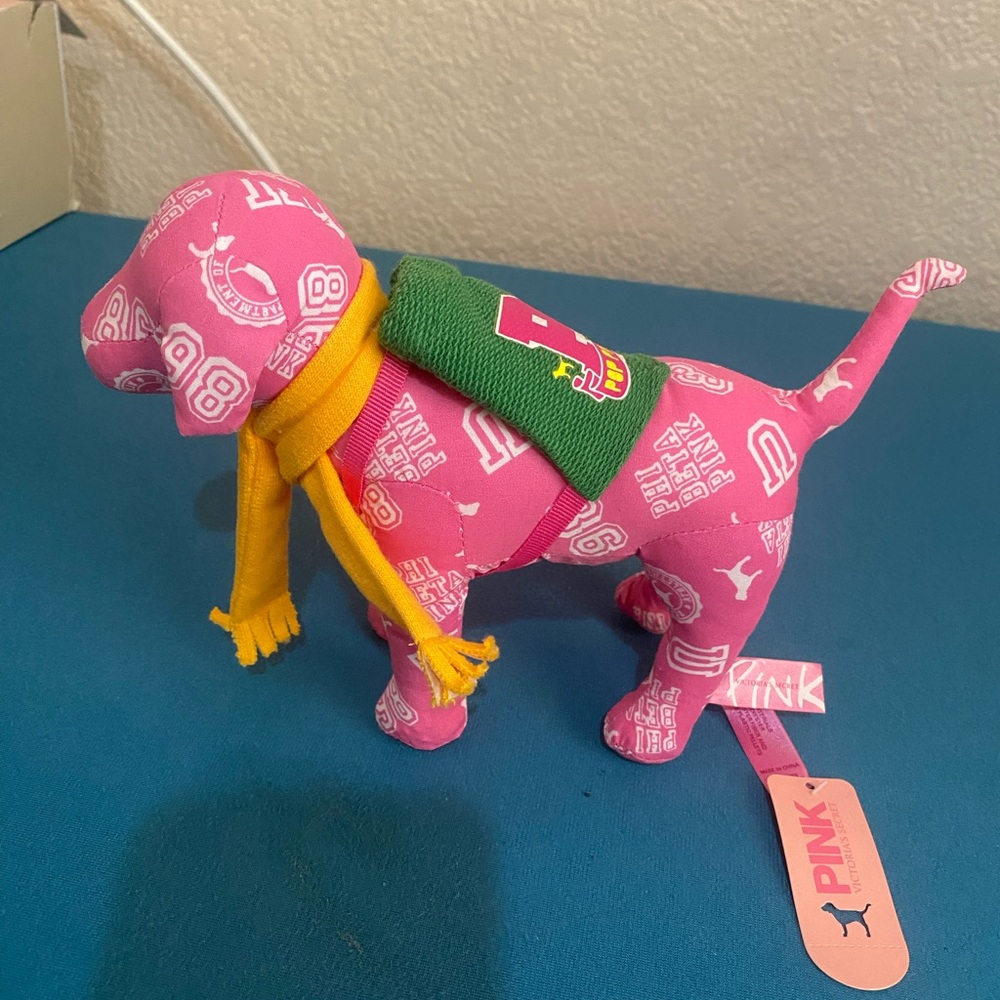 Pink Victoria's Secret Stuffed Dog Toy PHI Beta Pink Green Backpack Yellow Scarf - Picture 1 of 2